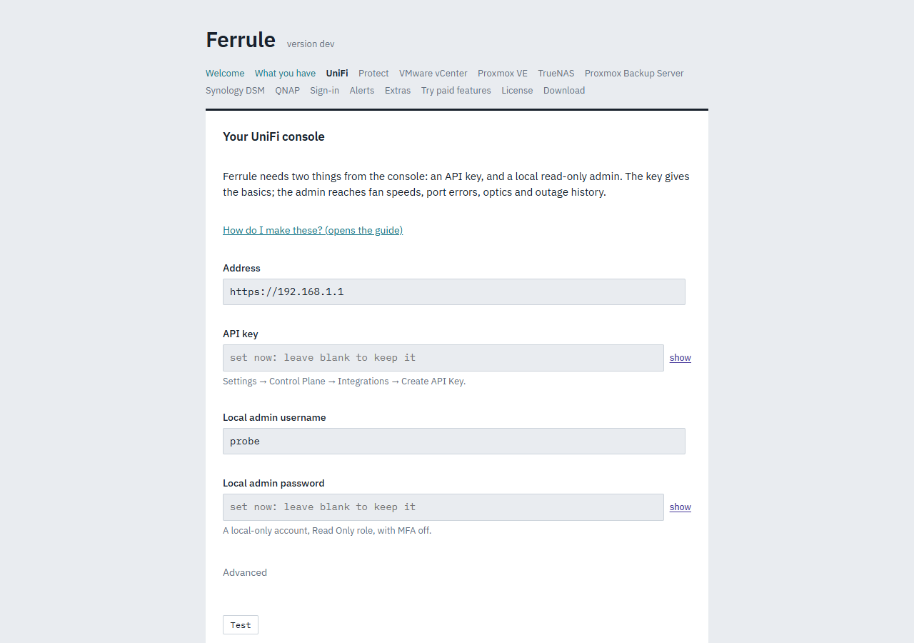 The UniFi page on a re-run: the address and username filled in, the key and password shown as set now