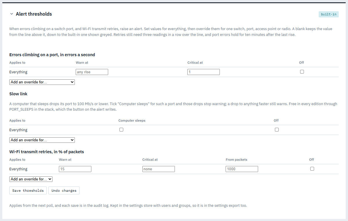 Settings → Alert thresholds, with the Everything line for port errors and the Slow link table