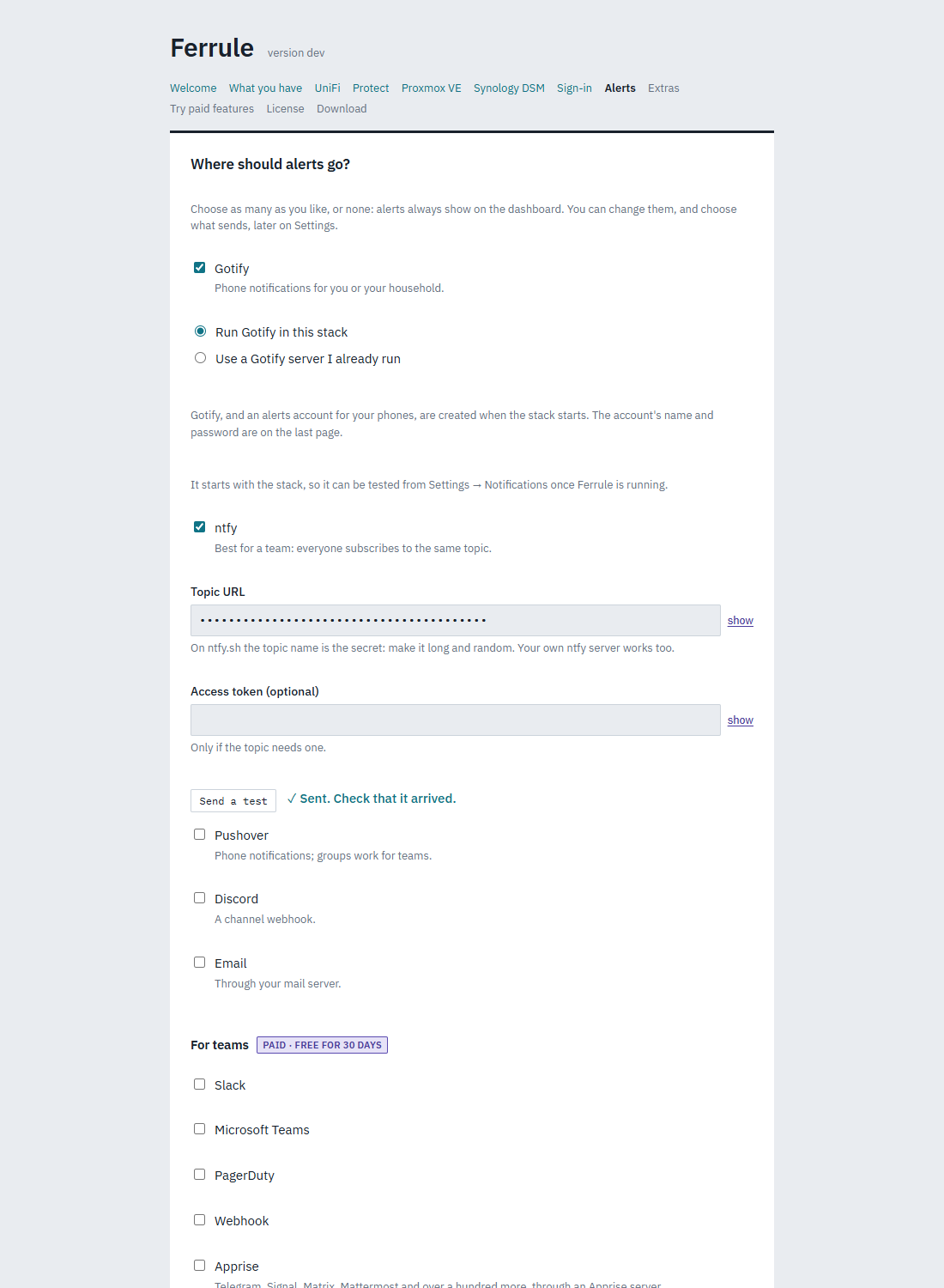 The alerts page with Gotify run in the stack and ntfy, its test sent