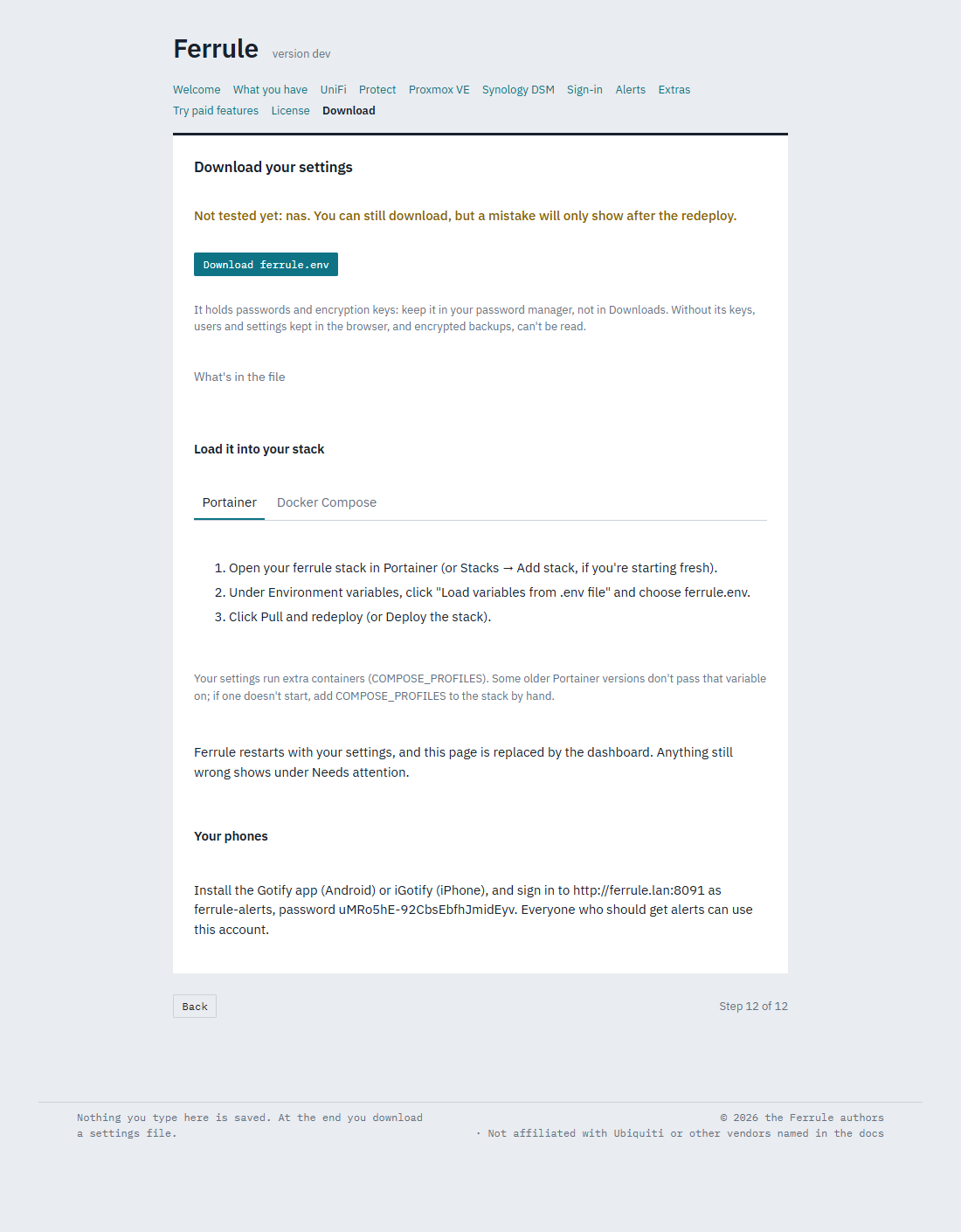 The download page, with the steps to load the file into the stack