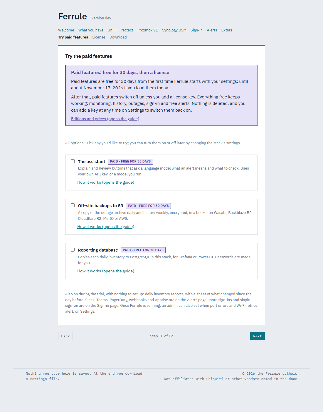 The paid features page: free for 30 days, then a license, with what happens to each one