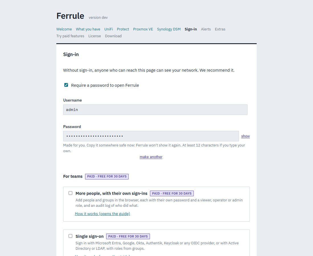 The sign-in page, with the For teams cards for more users and single sign-on