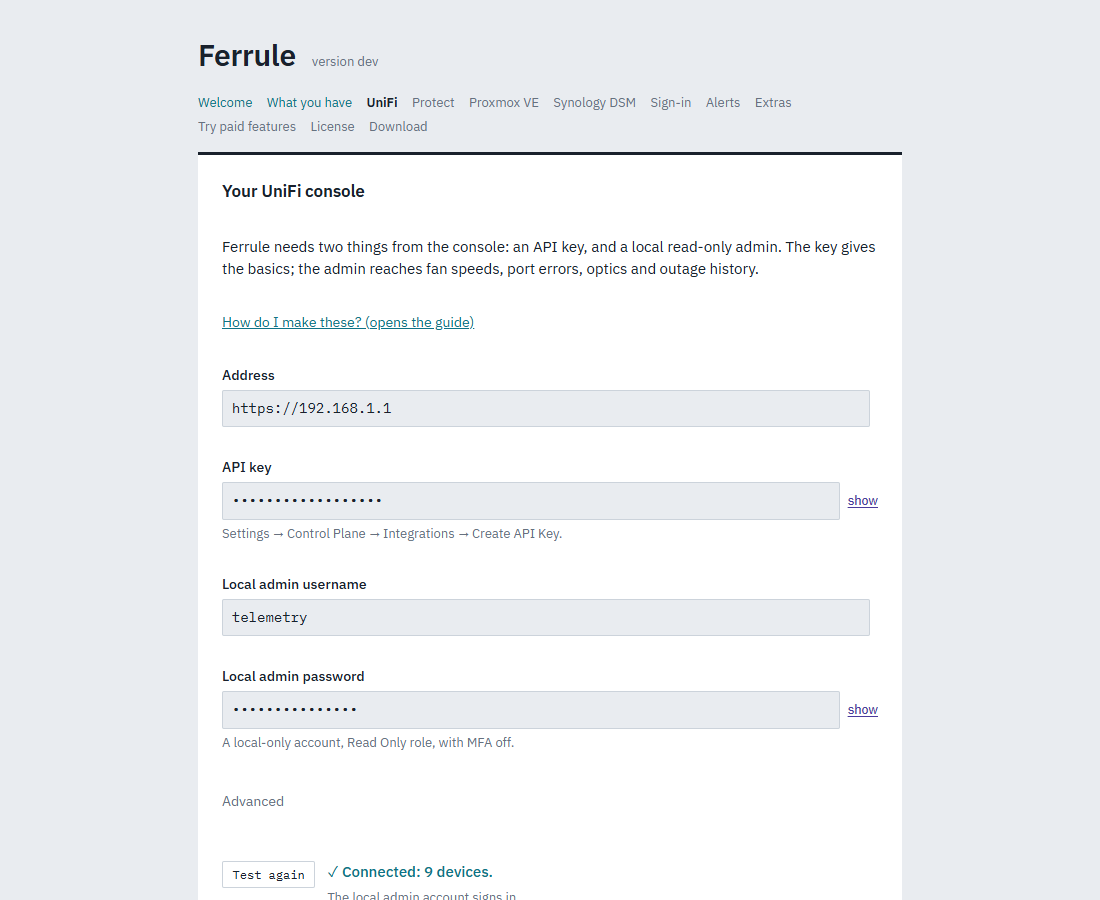 The UniFi page, filled in, with the test passed: Connected, 9 devices, and the local admin account signs in